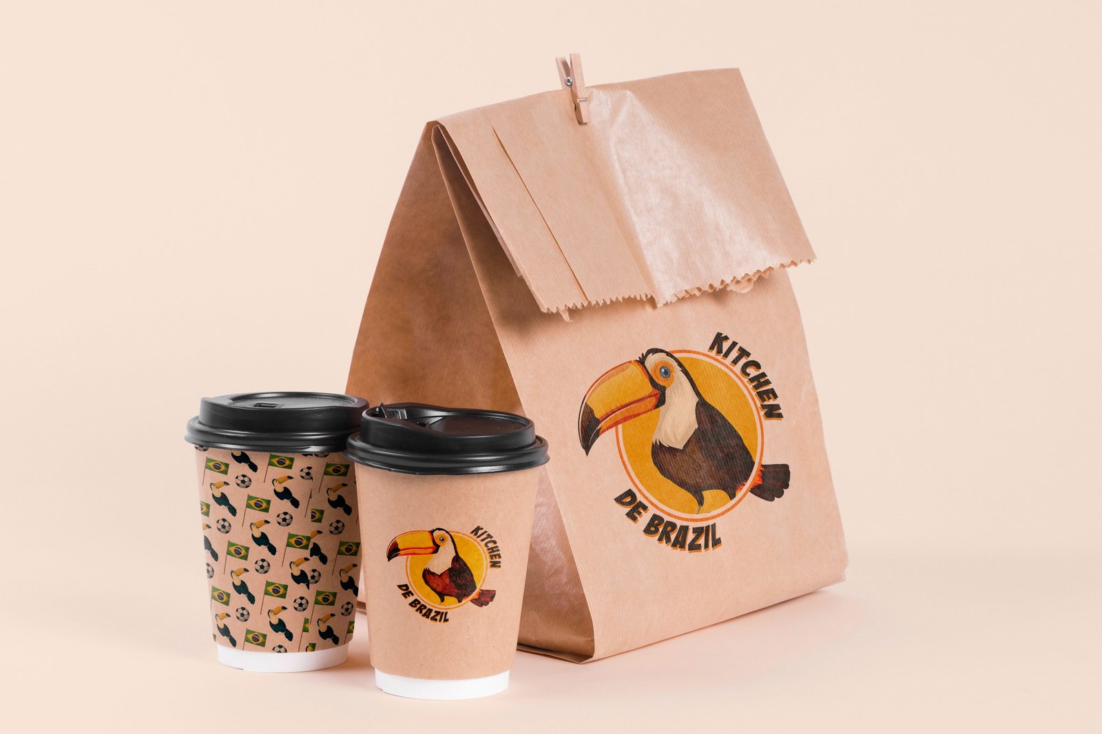 Kitchen de Brazil coffee cups and paper bag mockup