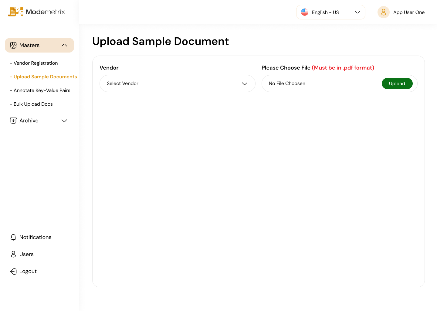Modemetrix upload documents screen
